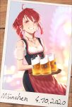  1girl absurdres ahoge alcohol apron barmaid beer beer_mug black_dress collarbone commentary cowboy_shot cup dated dress drill_hair grin highres holding holding_tray jewelry kasane_teto lips medium_hair mug necklace photo_(object) red_apron red_eyes redhead see-through_sleeves short_sleeves smile solo splashing tray twin_drills utau yasutange 