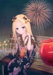  1girl abigail_williams_(fate/grand_order) aergia_c bangs bench black_bow black_kimono blonde_hair blue_eyes blurry_foreground bow candy_apple closed_mouth collarbone fireworks floral_print food hair_bow hair_twirling highres japanese_clothes kimono long_hair looking_at_viewer multiple_hair_bows night outdoors parted_bangs pov print_kimono shiny shiny_hair sitting solo stuffed_animal stuffed_toy teddy_bear very_long_hair yellow_bow yellow_neckwear yukata 