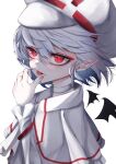  1girl :p bat_wings blue_hair choker fall_dommmmmer fingernails hair_between_eyes hat highres looking_at_viewer pointy_ears red_eyes remilia_scarlet short_hair solo tongue tongue_out touhou upper_body white_choker white_headwear wings 