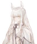  1girl absurdres animal_ears arknights bangs commentary eyebrows_visible_through_hair highres long_hair looking_at_viewer platinum_(arknights) qiangjitong silver_hair simple_background solo upper_body white_background 
