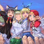  4girls :d :o ael_(kumo_desu_ga_nani_ka?) animal_ears arm_up bangs black_dress black_hair blonde_hair blouse blue_bow blue_eyes blue_ribbon blue_skirt blush bow capelet closed_eyes closed_mouth colored_inner_hair commentary_request cowboy_shot day daye_shushu doll doll_joints dress fang fiel_(kumo_desu_ga_nani_ka?) frilled_dress frilled_sleeves frills green_bow green_ribbon green_skirt hair_bow hair_ribbon hand_on_another&#039;s_shoulder hands_on_own_knees highres hood hood_up joints kumo_desu_ga_nani_ka? long_hair long_sleeves looking_at_viewer medium_hair multicolored_hair multiple_girls neck_ribbon open_mouth outdoors pleated_skirt red_capelet red_hood red_neckwear red_ribbon ribbon riel_(kumo_desu_ga_nani_ka?) sael_(kumo_desu_ga_nani_ka?) sailor_collar short_sleeves sidelocks silver_hair sitting skirt sky smile swept_bangs u_u v v_over_eye violet_eyes white_blouse white_skirt wide_sleeves wolf_ears yellow_eyes 