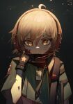  1girl absurdres black_gloves brown_hair cloak cowlick english_commentary fingerless_gloves gloves hair_between_eyes headset highres id_card indie_virtual_youtuber jin_grey_paladin looking_at_viewer military short_hair solo upper_body v-shaped_eyebrows virtual_youtuber yellow_eyes yomiku_(vtuber) 