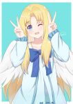  1girl ;d absurdres blonde_hair blue_background blue_dress blue_eyes blue_neckwear border collarbone deceit_(decit) double_v dress eyebrows_visible_through_hair feathered_wings firo_(tate_no_yuusha_no_nariagari) frilled_sleeves frills hair_intakes highres long_hair long_sleeves one_eye_closed open_mouth outside_border shiny shiny_hair signature smile solo standing tate_no_yuusha_no_nariagari v very_long_hair white_border white_wings wings 