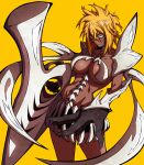  1girl abs absurdres armor bleach blonde_hair bone breasts facial_mark foreshortening gloves green_eyes highres kekel looking_at_viewer outstretched_arm pauldrons serious shoulder_armor simple_background solo sword tier_harribel under_boob weapon yellow_background 