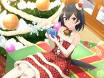  1girl absurdres alternate_costume bangs bare_shoulders black_hair blue_eyes box christmas_ornaments christmas_tree commentary detached_collar dress elbow_gloves fur-trimmed_dress fur_trim gift gift_box gloves greater_lophorina_(kemono_friends) hair_between_eyes hat highres indoors kemono_friends looking_at_viewer mini_hat mini_santa_hat neck_bell plaid plaid_dress red_dress santa_hat shiraha_maru short_hair smile solo strapless strapless_dress tail tilted_headwear white_gloves window 