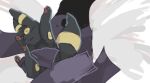  :3 aegislash apios1 arms_up bad_id bad_pixiv_id bed_sheet closed_eyes closed_mouth full_body gen_2_pokemon gen_6_pokemon happy lowres lying no_humans on_back pawpads pokemon pokemon_(creature) simple_background smile solo_focus umbreon white_background 