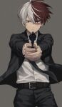  1boy aiming aiming_at_viewer akiyama_(noconoco) belt belt_buckle black_belt black_jacket black_necktie black_pants blue_eyes boku_no_hero_academia buckle burn_scar buttons closed_mouth collared_shirt commentary_request dress_shirt formal grey_background gun hair_between_eyes handgun hands_up heterochromia highres holding holding_gun holding_weapon jacket lapels long_sleeves looking_at_viewer male_focus multicolored_hair necktie open_clothes open_jacket pants redhead scar scar_on_face serious shirt shirt_tucked_in short_hair simple_background solo split-color_hair standing suit todoroki_shouto two-tone_hair v-shaped_eyebrows violet_eyes weapon white_hair white_shirt 