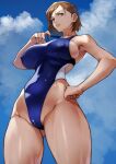  1girl absurdres ass_visible_through_thighs bangs breasts brown_eyes brown_hair clouds cloudy_sky covered_nipples hand_on_hip highleg highleg_swimsuit highres large_breasts lips looking_at_viewer one-piece_swimsuit original serious short_hair sky solo swept_bangs swimsuit swimsuit_pull thighs yoshio_(55level) 