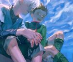  2boys :d arm_support bangs black_hair black_shirt black_shorts blue_shirt blue_sky boots brown_eyes clouds commentary crossed_legs day from_below gon_freecss green_footwear green_jacket hunter_x_hunter jacket jewelry killua_zoldyck lips long_sleeves looking_at_another looking_to_the_side male_focus messy_hair multiple_boys open_mouth parted_lips shirt short_hair shorts sitting sky smile spiky_hair teeth turtleneck umi_(k_mpk) violet_eyes white_hair 