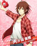  1boy ahoge amagase_touma belt bracelet breast_pocket brown_eyes brown_hair card_(medium) character_name clenched_hand collared_shirt hair_between_eyes idolmaster idolmaster_side-m jewelry looking_at_viewer necklace official_art open_clothes open_shirt pink_background pocket shirt third-party_source v-shaped_eyebrows 