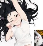  1girl :3 animal_ears black_eyes black_hair blush cat_ears closed_mouth dongho_kang flat_chest highres long_hair looking_at_viewer lying messy_hair on_back one_eye_closed original paw_pose photo-referenced reaching_out real_life shirt short_sleeves smile solo symbol_commentary upper_body white_shirt 