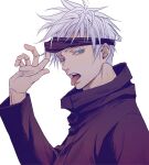  1boy a_jou bangs black_jacket blindfold blindfold_lift blue_eyes gojou_satoru hand_up high_collar jacket jujutsu_kaisen long_sleeves looking_at_viewer male_focus open_mouth short_hair simple_background solo teeth tongue tongue_out upper_body white_background white_hair 