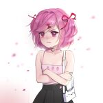  1girl bag bangs bare_arms bare_shoulders black_skirt blush casual collarbone commentary crossed_arms doki_doki_literature_club flat_chest hair_ribbon highres looking_away natsuki_(doki_doki_literature_club) nose_blush pink_hair potetos7 red_eyes red_ribbon ribbon short_hair shoulder_bag simple_background skirt solo swept_bangs tearing_up two_side_up 