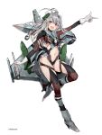  1girl ahoge aircraft airplane airplane_wing blonde_hair blush breasts eurofighter_typhoon fighter_jet gloves grey_hair high_heels highres i.takashi iron_cross jet landing_gear looking_back mecha_musume medium_breasts midriff_cutout military military_vehicle missile multicolored_hair navel original personification pointing solo streaked_hair thigh-highs white_background white_gloves 