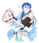 1boy angry belt blue_hair clenched_hand closed_mouth collarbone cu_chulainn_(fate)_(all) cu_chulainn_(fate/grand_order) detached_sleeves earrings fate/grand_order fate_(series) floating_hair foreshortening highres jewelry long_hair looking_at_viewer looking_down male_focus muscle namo red_eyes ring simple_background skin_tight smoke smoking solo spiky_hair tank_top type-moon vambraces 