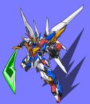 beastkingbarbaros green_eyes highres holding holding_sword holding_weapon horns mecha mechanical_wings no_humans open_hand original purple_background science_fiction single_horn solo super_robot sword v-fin weapon wings 