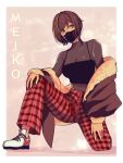 1girl brown_eyes brown_hair character_name commentary english_commentary fur-trimmed_jacket fur_trim highres jacket latex_bodysuit mask meiko mouth_mask one_knee pants plaid plaid_pants removing_jacket shoes short_hair sneakers solo vocaloid yen-mi 