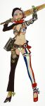  1girl absurdres adapted_costume alternate_weapon bag baguette belt beret black_headwear blue_eyes bottle bread breasts croissant cup detached_leggings drinking_glass english_commentary fate/grand_order fate_(series) flag_print food food_in_mouth france french_flag frog full_body hat high_heels highres holding holding_weapon long_legs medium_breasts mismatched_footwear mismatched_legwear miyamoto_musashi_(fate/grand_order) mossacannibalis mouth_hold navel outstretched_arm pink_hair shinai shrug_(clothing) snails solo_focus standing striped sword under_boob vertical_stripes weapon white_background wine_bottle wine_glass 