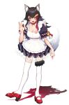  1girl :3 :d alternate_costume animal_ear_fluff animal_ears apron bell black_hair blush brown_eyes collar commentary_request enmaided full_body hair_ornament highres hololive jingle_bell long_hair looking_at_viewer maid mikan_(chipstar182) multicolored_hair ookami_mio open_mouth red_footwear redhead simple_background smile solo standing streaked_hair tail tail_around_leg thigh-highs very_long_hair virtual_youtuber white_background white_hair white_legwear wolf_ears wolf_girl wolf_tail 