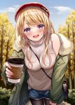  1girl :d autumn_leaves bag beret black_legwear blonde_hair blue_shorts blush coffee_cup commentary_request cup day disposable_cup fur-trimmed_jacket fur_trim green_jacket hat holding holding_cup jacket leaning_forward legwear_under_shorts long_hair looking_at_viewer off_shoulder open_clothes open_jacket open_mouth original outdoors pantyhose red_headwear sakura_hiyori short_shorts shorts shoulder_bag sleeveless sleeveless_sweater sleeveless_turtleneck smile solo sweater tree turtleneck turtleneck_sweater upper_teeth violet_eyes white_sweater 