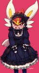  black_bow blush bow bowtie cinderace commentary_request dress embarrassed gen_8_pokemon gothic_lolita highres lolita_fashion long_sleeves looking_at_viewer makoto_ikemu open_mouth pink_background pokemon pokemon_(creature) red_eyes signature simple_background solo tongue 