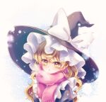  1girl :o bangs black_headwear black_shirt blonde_hair blush bow breath chestnut_mouth eyebrows_visible_through_hair eyelashes frilled_hat frills hat hat_bow highres kirisame_marisa long_hair looking_at_viewer pink_scarf puffy_sleeves scarf shirt snowing solo symbol_commentary touhou upper_body wavy_hair white_background white_bow winter_clothes witch_hat yellow_eyes yurigaoka_nayuki 