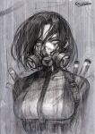  1girl absurdres black_hair cable carcass_(artist) collarbone covered_collarbone gas_mask greyscale hair_between_eyes highres huge_filesize liquid makeup mascara mask monochrome mouth_mask original science_fiction short_hair signature sketch solo upper_body vial white_eyes 