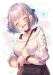  1girl :d ^_^ bag bangs black_choker black_skirt blue_bow blue_flower blush bow braid breasts choker closed_eyes eyebrows_visible_through_hair floral_background flower grey_hair hair_bow highres holding_strap hololive ittokyu looking_at_viewer medium_breasts notice_lines off-shoulder_sweater off_shoulder open_mouth pink_flower puffy_short_sleeves puffy_sleeves ribbed_sweater shirogane_noel short_sleeves shoulder_bag skirt smile solo striped striped_bow sweater virtual_youtuber white_background white_sweater 