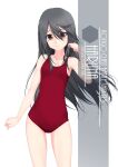  1girl alternate_breast_size artist_name black_hair brown_eyes character_name collarbone cowboy_shot flat_chest haruna_(kantai_collection) highres inaba_shiki kantai_collection long_hair looking_at_viewer one-piece_swimsuit red_swimsuit simple_background solo standing swimsuit white_background 