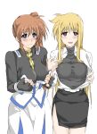  2girls blonde_hair blue_eyes blush bodysuit breasts brown_hair elf_(stroll_in_the_woods) fate_testarossa fingerless_gloves gloves highres long_hair looking_at_viewer lyrical_nanoha mahou_shoujo_lyrical_nanoha mahou_shoujo_lyrical_nanoha_strikers medium_breasts multiple_girls multiple_views open_clothes red_eyes side_ponytail side_slit smile takamachi_nanoha translation_request violet_eyes 