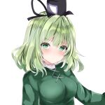  1girl black_headwear blush breasts closed_mouth commentary_request cross-laced_clothes dress eyebrows_visible_through_hair frown green_dress green_eyes green_hair hair_between_eyes hat long_sleeves looking_at_viewer medium_breasts medium_hair nanase_nao shiny shiny_hair simple_background soga_no_tojiko solo tate_eboshi touhou upper_body white_background 