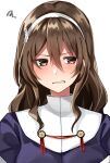 1girl ashigara_(kantai_collection) brown_eyes brown_hair commentary_request facing_viewer hairband highres kantai_collection katsuobushi_(eba_games) long_hair sideways_glance simple_background solo squiggle upper_body white_background white_hairband 