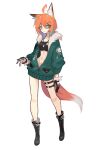  1girl absurdres animal_ears black_footwear black_gloves boots dog_tags fox_ears fox_girl fox_tail fur_trim ghost_(tama) gloves green_hair green_jacket grey_eyes hair_ornament hairclip highres jacket looking_to_the_side midriff multicolored_hair navel no_pants open_clothes open_jacket orange_hair original smile solo sports_bra streaked_hair tail thigh_strap white_background 