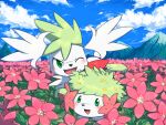  blush clouds commentary_request day fangs flower gen_4_pokemon gracidea green_eyes makoto_ikemu mountain mythical_pokemon no_humans one_eye_closed open_mouth outdoors pink_flower pokemon pokemon_(creature) shaymin shaymin_(land) shaymin_(sky) sky smile tongue 