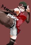  1girl black_hair blush boruto:_naruto_next_generations boruto:_naruto_the_movie breasts brown_background brown_eyes brown_legwear brown_sleeves commentary_request covered_navel detached_sleeves fighting_stance fingernails forehead_protector glasses high_kick highres incoming_attack kicking koda1ra konohagakure_symbol lips medium_breasts motion_blur naruto_(series) parted_lips red-framed_eyewear shorts solo thigh-highs toned uchiha_sarada upper_teeth white_shorts 