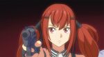  1girl aiming aiming_at_viewer bangs black_background commentary_request cz-75 cz-75_(girls_frontline) end_of_evangelion girls_frontline gradient gradient_background gun hair_ornament hairclip handgun holding holding_gun holding_weapon long_hair neon_genesis_evangelion parody red_background red_eyes redhead scene_reference sidelocks solo tab_(tabkun) twintails weapon 