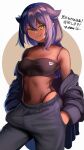  1girl absurdres alternate_costume b-pang black_hair breasts closed_mouth dark_skin eyebrows_visible_through_hair highres jahy jahy_sama_wa_kujikenai large_breasts long_hair looking_at_viewer pants smile solo sweatpants translation_request yellow_eyes 