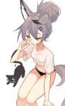 1girl absurdres animal_ears black_panties breasts cat closed_eyes cropped_shirt finger_to_nose ghost_(tama) hair_between_eyes hair_bun highres midriff navel original panties shirt small_breasts solo tail underwear white_background white_shirt wolf_ears wolf_girl wolf_tail 