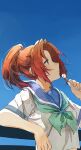  1girl blue_sailor_collar blue_sky brown_hair candy food green_neckwear hibike!_euphonium highres holding holding_food kataru_(ubw-emiya) leaning_on_rail lollipop long_hair nakagawa_natsuki neckerchief ponytail sailor_collar school_uniform serafuku shirt short_sleeves sky solo standing uniform violet_eyes white_shirt 