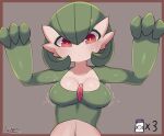  1girl absurdres arms_up artist_name bangs blush bob_cut border bottle breast_expansion breasts brown_background brown_border closed_mouth collarbone colored_skin commentary english_commentary engrish_commentary gardevoir gen_3_pokemon green_hair green_skin hair_between_eyes highres looking_down medium_breasts milk_bottle moomoo_milk motion_lines multicolored multicolored_skin number outside_border pokemon pokemon_(creature) red_eyes ryuusui_arumo shiny shiny_hair shiny_skin short_hair signature simple_background solo sweat two-tone_skin upper_body white_skin 