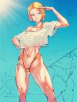  1girl android_18 ass bikini blonde_hair blue_eyes blue_sky breasts collage commentary_request crop_top crop_top_overhang day dimples_of_venus dragon_ball dragon_ball_z forehead hand_on_hip highleg highleg_bikini kyuuakaku large_breasts navel off-shoulder_shirt off_shoulder oversized_clothes shading_eyes shirt short_hair sketch sky solo swimsuit thick_thighs thighs thong_bikini wet wet_clothes wet_shirt wet_t-shirt yellow_bikini 