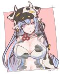 1girl animal_ears animal_print bangs bare_shoulders bikini blue_hair blush border breasts cow_ears cow_girl cow_hat cow_horns cow_print detached_sleeves draph ear_piercing gollizo granblue_fantasy hat highres horns large_breasts long_hair looking_at_viewer navel open_mouth piercing pink_background pointy_ears shatola_(granblue_fantasy) sheer_clothes swimsuit white_bikini white_border wide_sleeves yellow_eyes 
