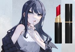  1girl absurdres bangs bare_shoulders black_hair black_jacket blue_eyes commentary earrings finger_to_mouth highres idolmaster idolmaster_shiny_colors jacket jewelry kazano_hiori lipstick lipstick_tube long_hair makeup mole mole_under_mouth off_shoulder red_nails shirt sleeveless sleeveless_shirt solo unchiganiowanai upper_body white_shirt 