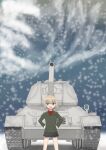  1girl absurdres aqua_eyes artist_request blonde_hair caterpillar_tracks flat_chest girls_und_panzer ground_vehicle highres katyusha_(girls_und_panzer) military military_vehicle motor_vehicle pravda_military_uniform shirt short_hair skirt sky smile snow snowing solo standing t-34 t-34-85 tank translation_request 