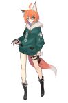  1girl absurdres animal_ears black_footwear black_gloves boots fox_ears fox_girl fox_tail fur_trim ghost_(tama) gloves green_hair green_jacket grey_eyes hair_ornament hairclip highres jacket looking_to_the_side multicolored_hair no_pants orange_hair original smile solo streaked_hair tail thigh_strap white_background 