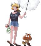  1girl 1other alternate_costume bag black_collar black_shirt blonde_hair blue_shorts bowsette collar crown goomba highres holding holding_bag holding_umbrella horns long_hair super_mario_bros. new_super_mario_bros._u_deluxe piranha_plant ponytail sandals shadow shirt shirt_tucked_in shorts signature simple_background spiked_collar spikes super_crown toot umbrella white_background white_umbrella 
