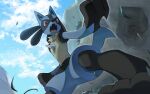  clouds commentary_request day fangs from_below furry gen_4_pokemon grass legs_apart looking_at_viewer lucario no_humans open_mouth outdoors pokemon pokemon_(creature) red_eyes rozu_ki sky solo tongue yellow_fur 
