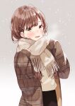  1girl blush brown_eyes brown_hair brown_neckwear hanako151 highres jacket long_hair long_sleeves looking_at_viewer open_mouth original plaid scarf smile snow snowing solo standing sweater winter_clothes 