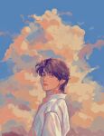  clouds cloudy_sky collared_shirt ear_piercing highres looking_at_viewer neck_tattoo piercing purple_hair shirt sky sodapink swept_bangs tattoo v_(bts) 