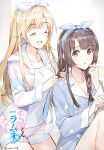  2girls blonde_hair bow braiding_hair brown_hair character_request chitose-kun_wa_ramune_bin_no_naka closed_eyes green_eyes hair_bow hairdressing jacket long_hair multiple_girls nightgown shirt shorts smile weee_(raemz) white_shirt 